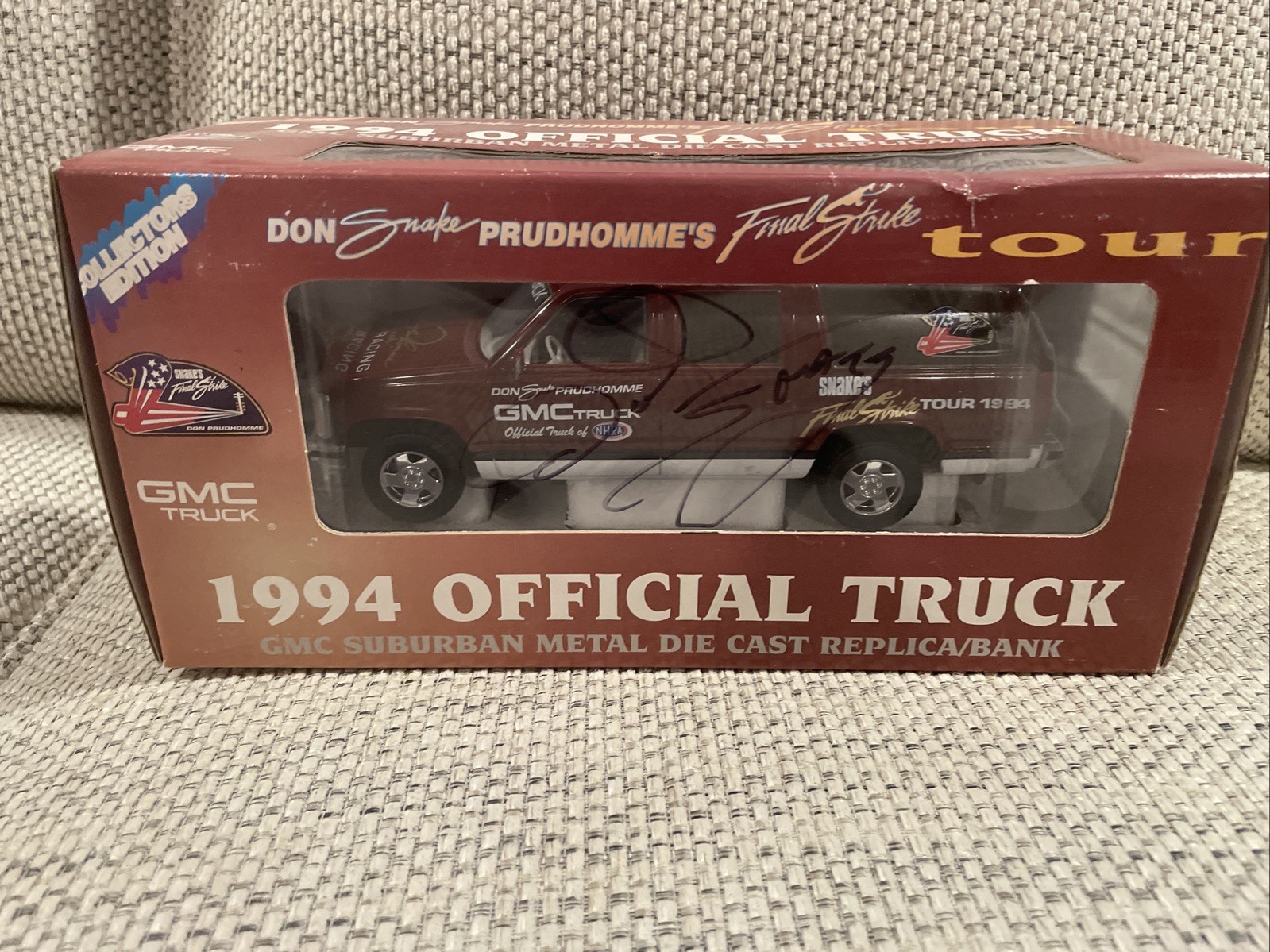 AUTOGRAPHED - NHRA DON SNAKE PRUDHOMME FINAL STRIKE TOUR 1994 GMC SUBURBAN BANK AUTOGRAPHED - NHRA DON SNAKE PRUDHOMME FINAL STRIKE TOUR 1994 GMC SUBURBAN BANK