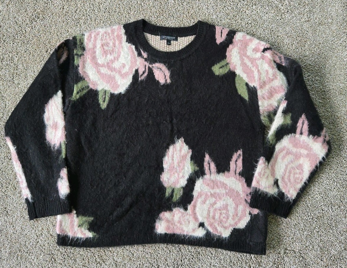 Liverpool Los Angeles Women\'s L Crewneck Black Floral Sweater Soft EUC