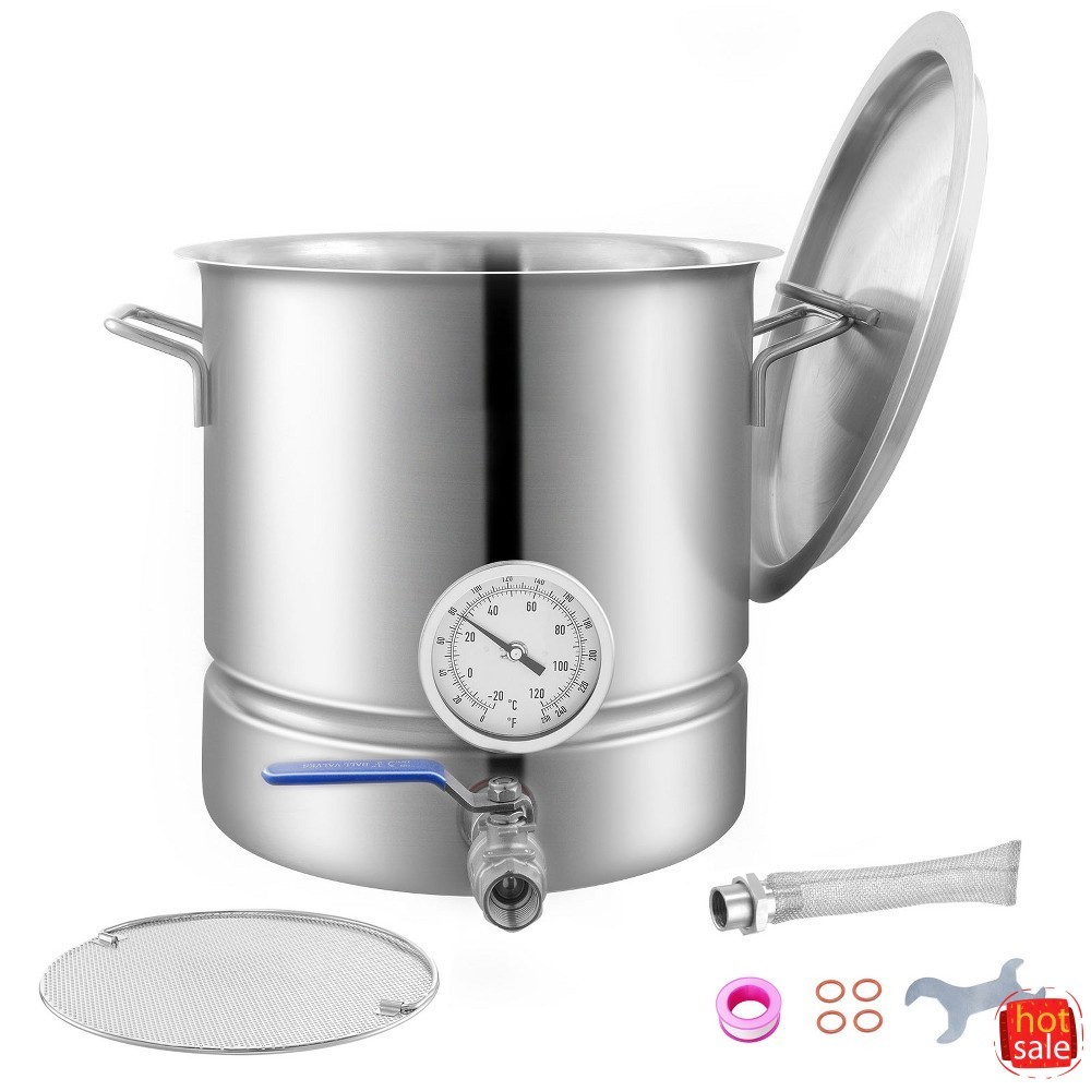 5 Gallon Stainless Home Brew Kettle, Tri-Ply Bottom, Lid/Handle/Thermometer