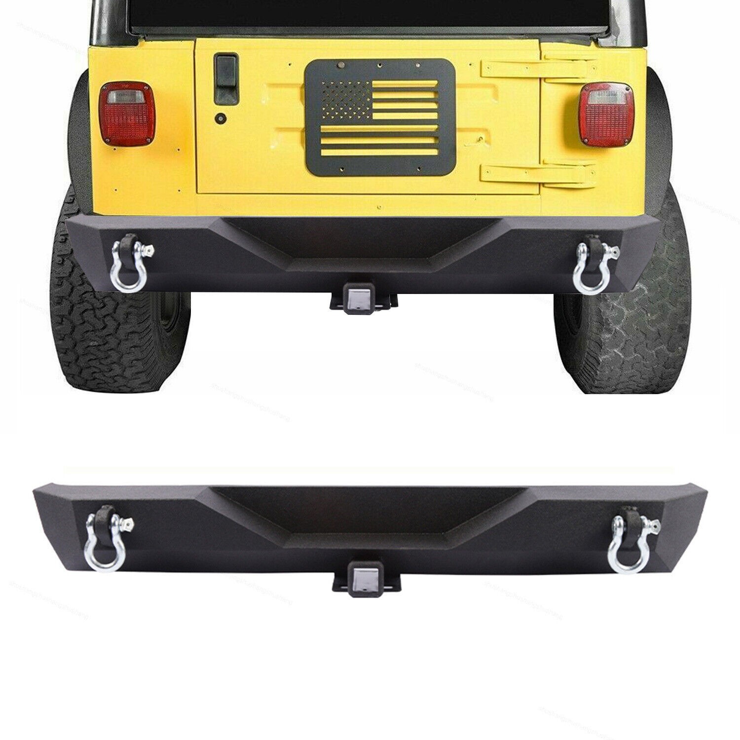 Fit 87-06 TJ YJ Wrangler Rock Crawler Rear Bumper W/ 2pcs D-Rings+Hitch Receiver