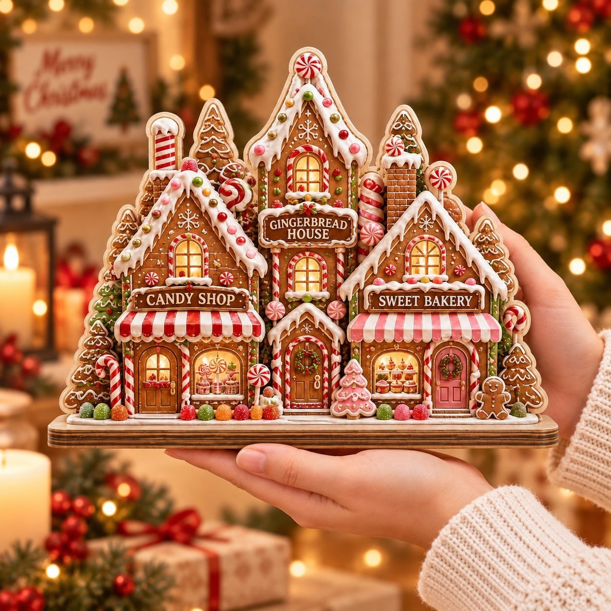 Christmas Village Wooden Stand Decor Gingerbread House Tabletop Holiday Gifting