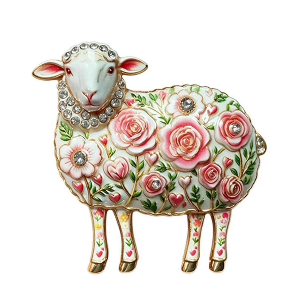 Vintage Pink Sheep Brooch Rhinestone Enamel Floral Animal Pin Gold Jewelry Gift