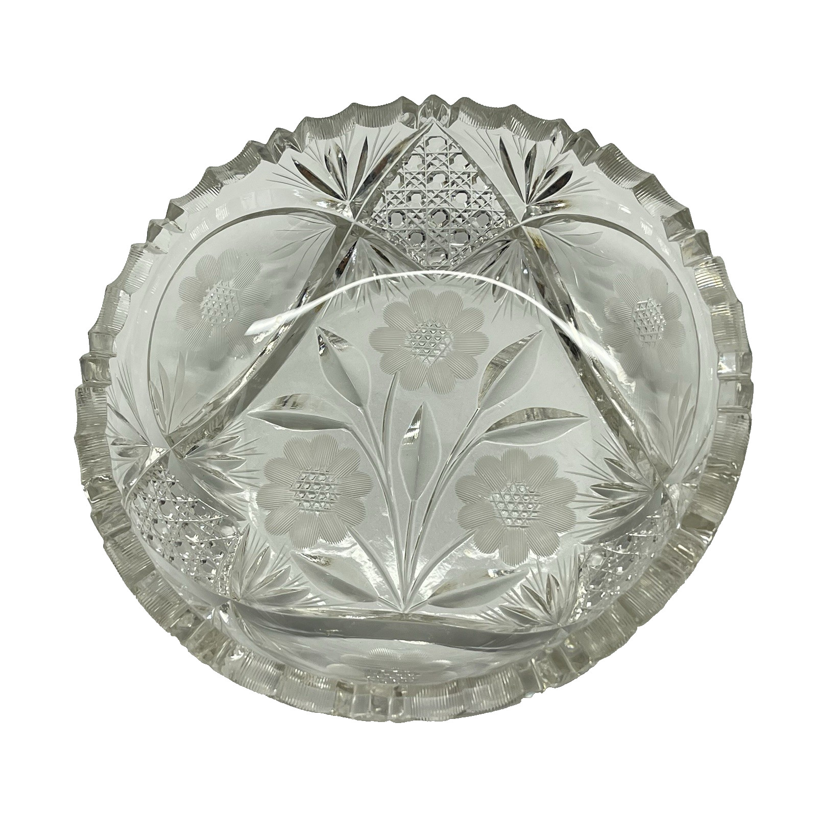 Antique American Brilliant Cut Glass Hobstar Engraved Flowers Sawtooth Rim Bowl