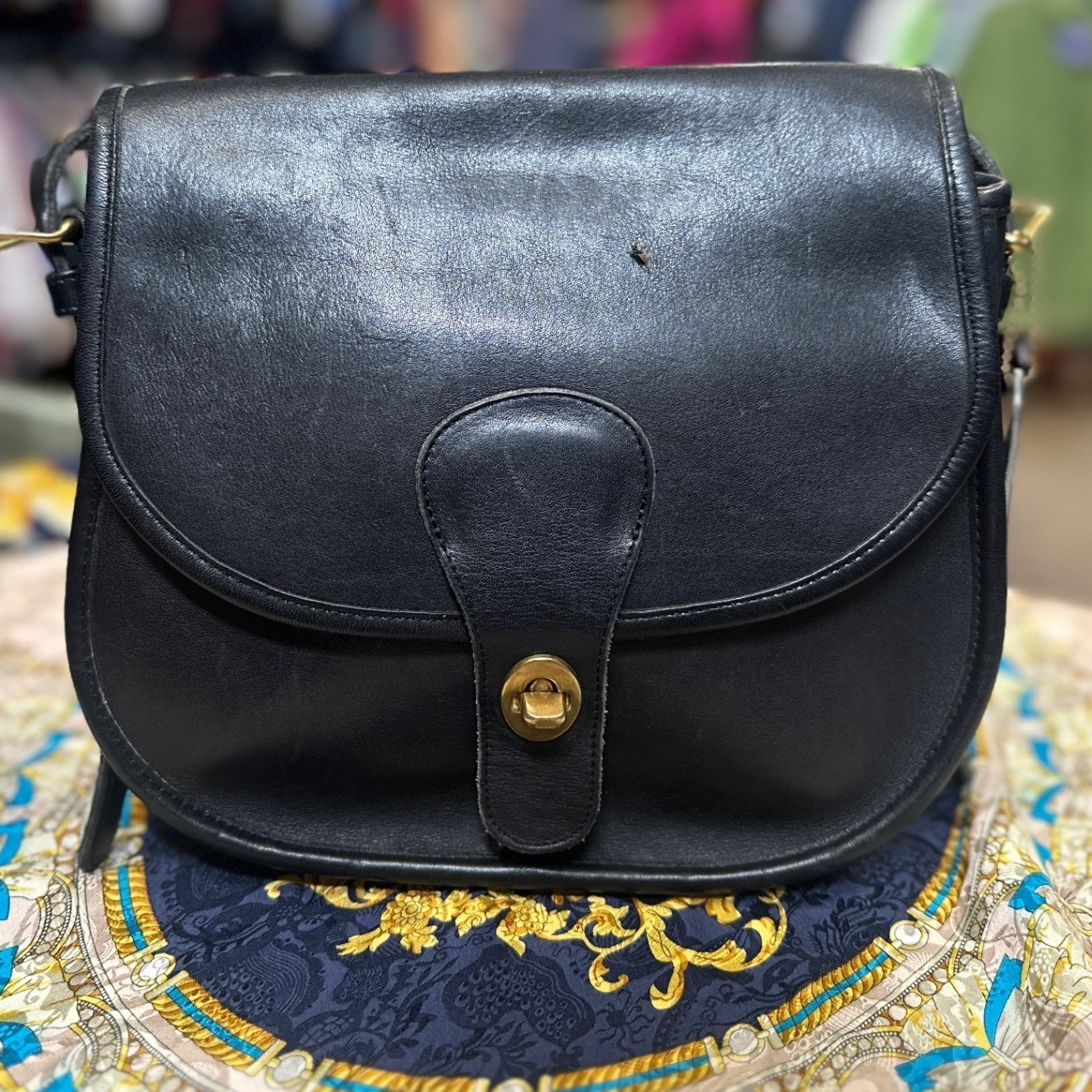 Coach Saddlery Bag Black Leather NYC 1980s Rare Turnlock Crossbody Brass Hangtag
