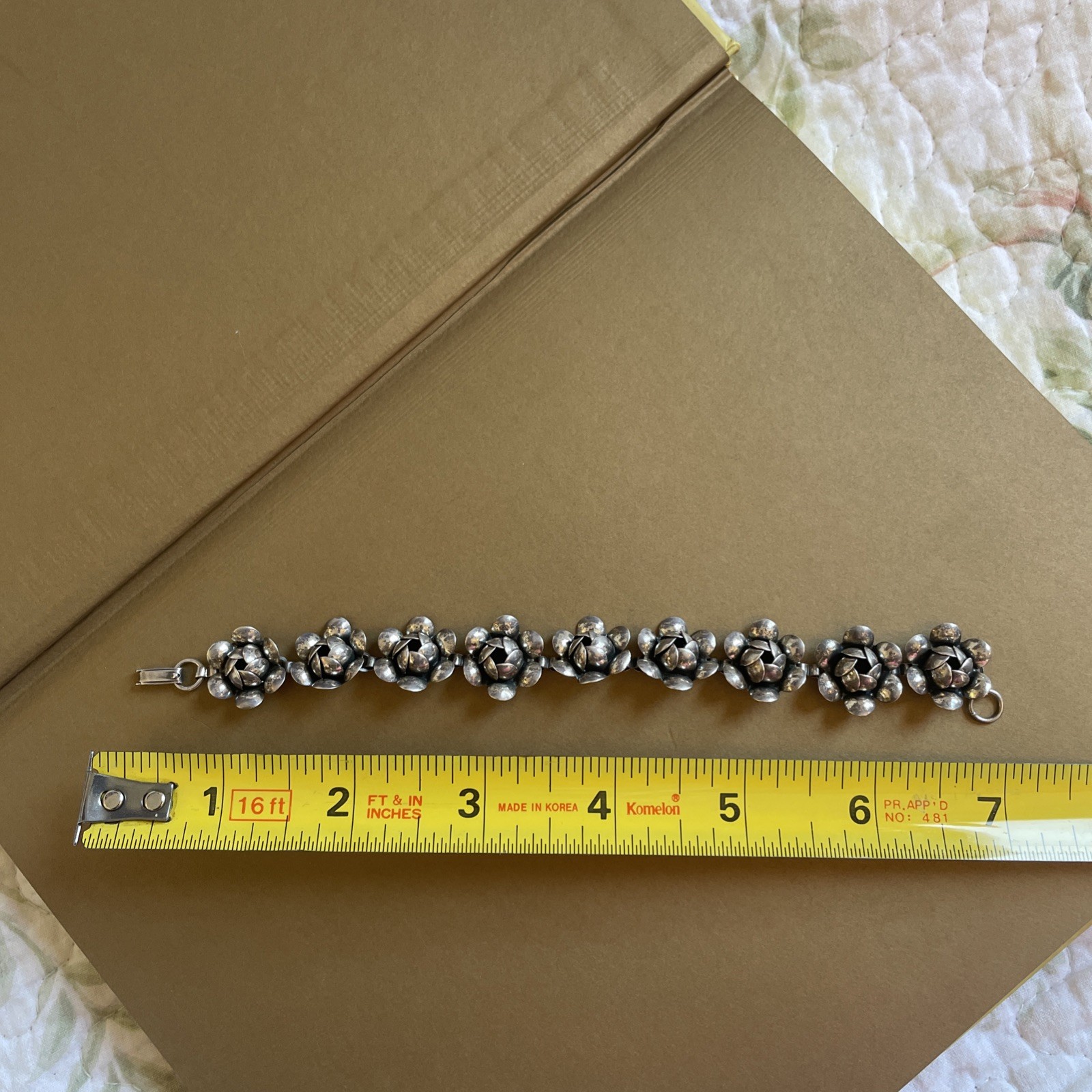 Vintage Taxco 925 Sterling Silver Rose Link Bracelet 7\