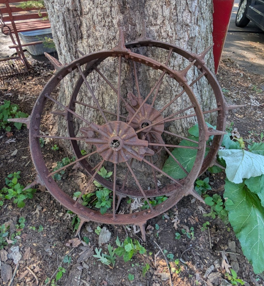 Pair Antique Cast Iron Tractor or Wagon Wheels Garden Sculpture