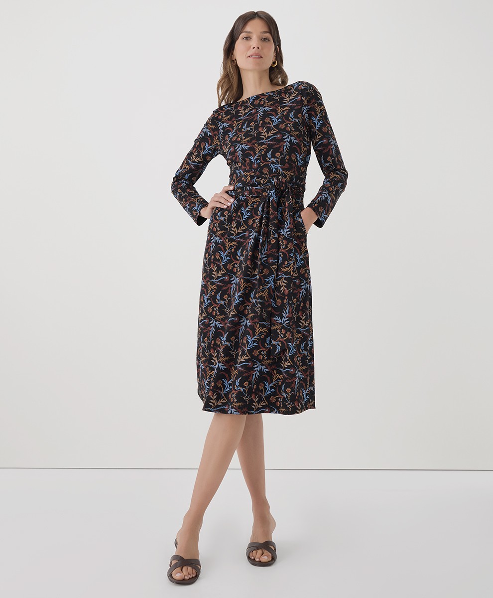 Pact Women\'s Small Fit & Flare Tie Wrap Dress Whimsy Floral Black