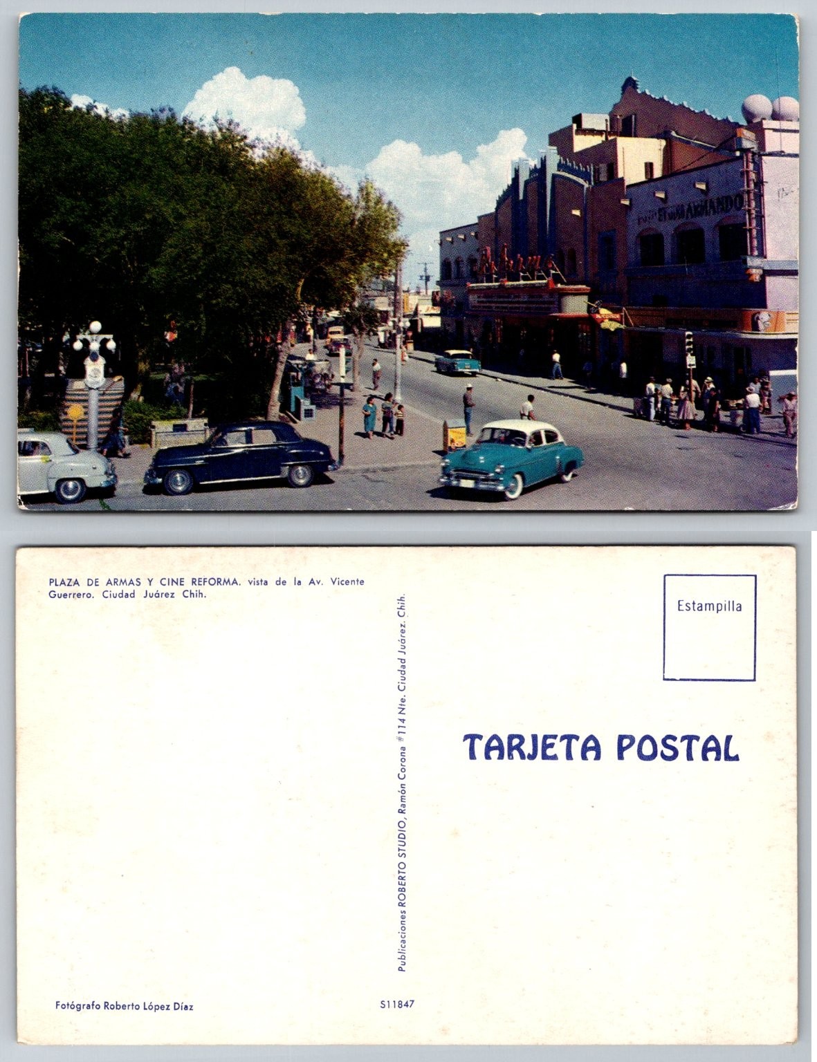 Vintage Ciudad Juarez Mexico Postcard Cine Reforma Plaza de Armas 1950s Cars