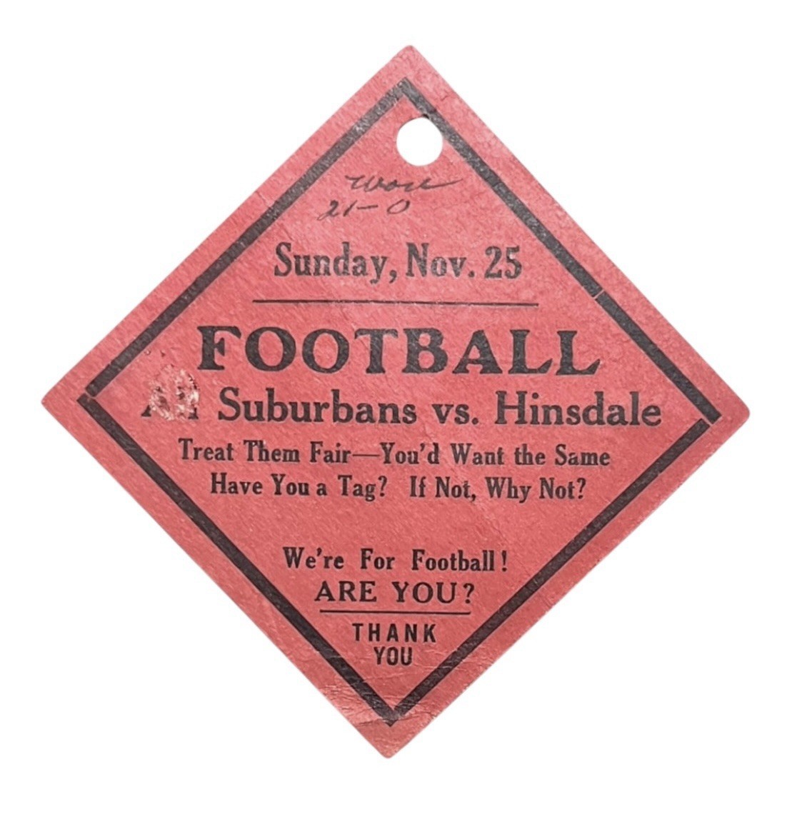 Vtg 1920s La Grange All Suburbans vs Hinsdale Chicago area Pro Football Ticket