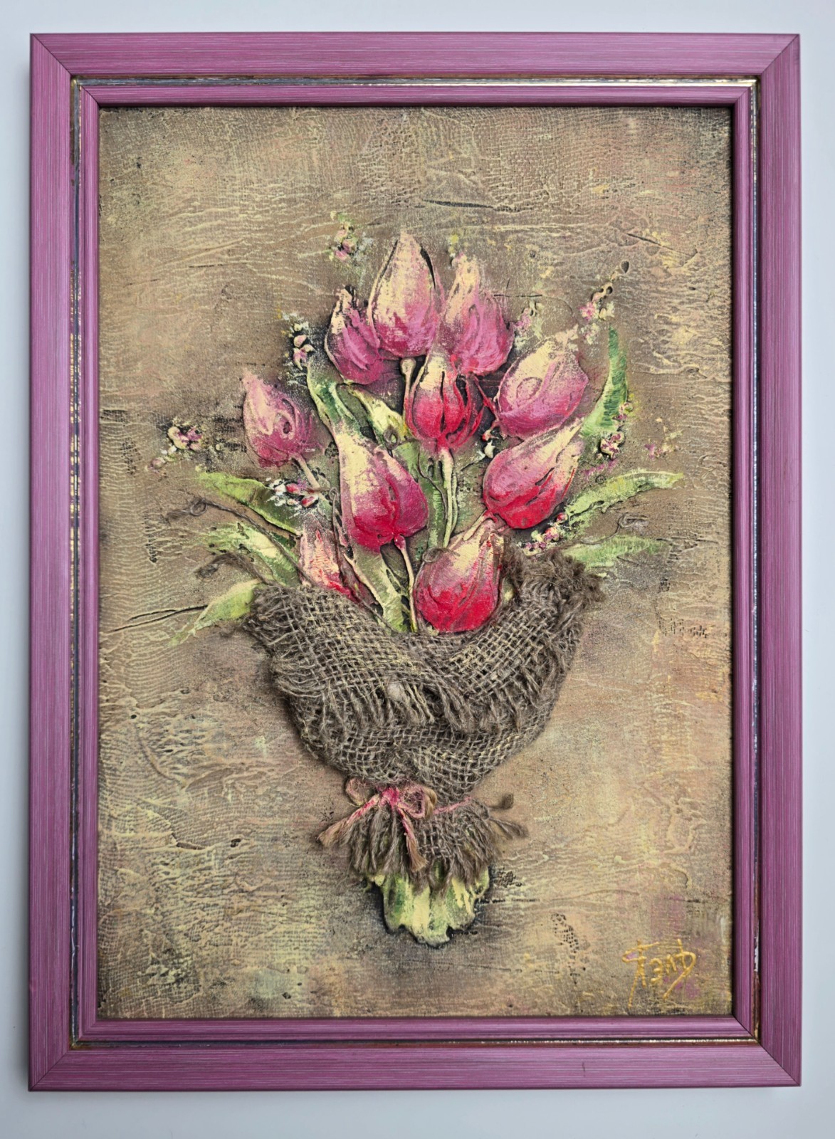 Original Mixed Media Oil Pink Tulips Painitng - Textured Floral Wall Art, Framed