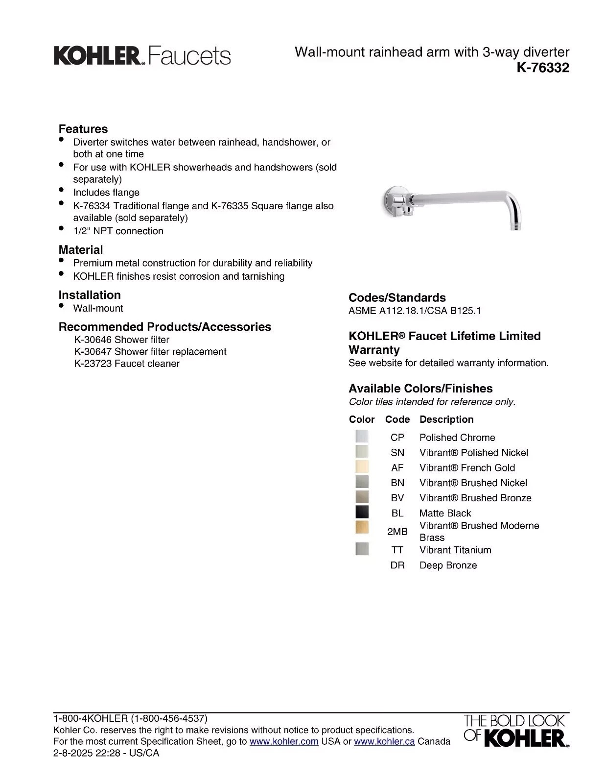 New Kohler K76331-G-2BZ  Showerarm with 2 Way Diverter Oil Rubbed Bronze