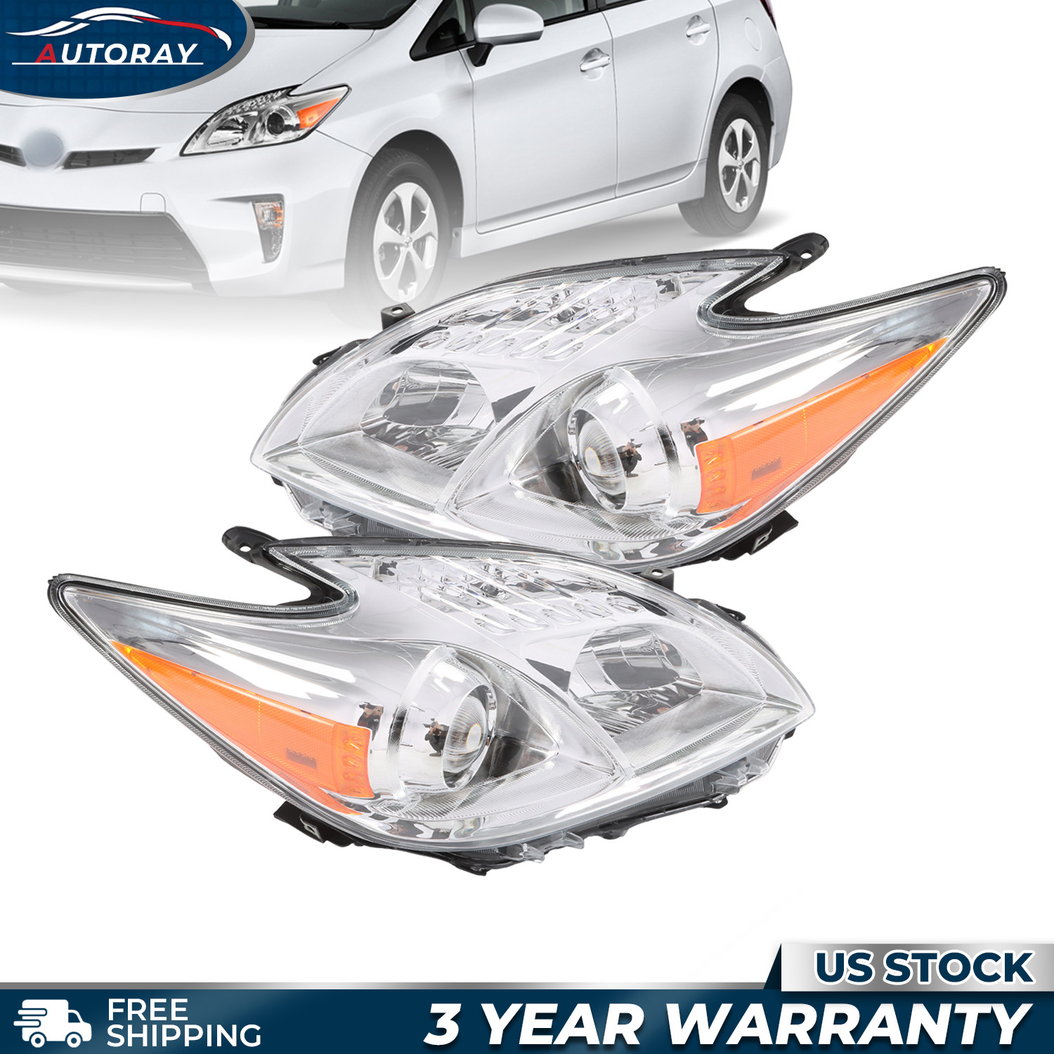 Pair Chrome Halogen Headlights For 2010-2015 Toyota Prius Driver & Passenger