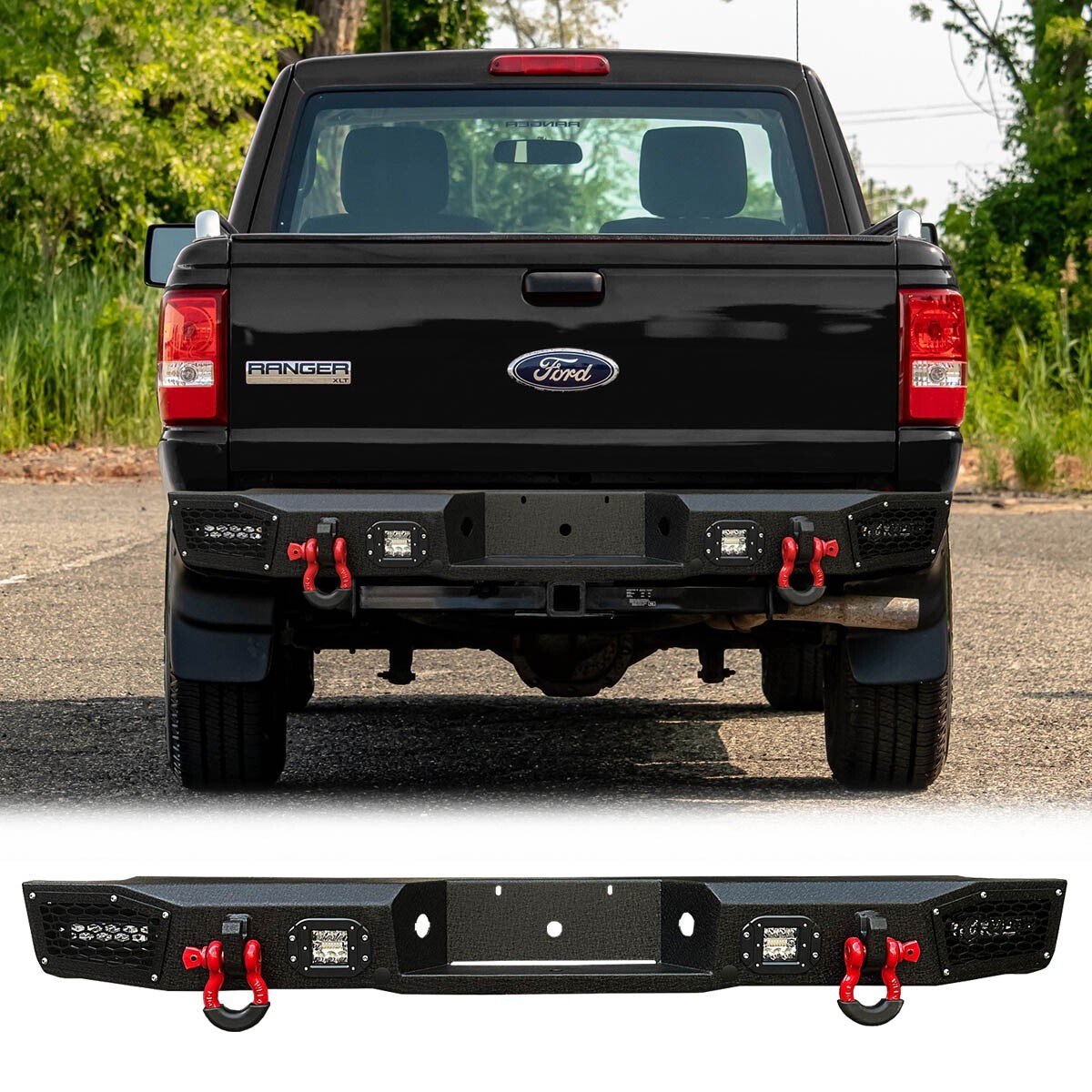 Vijay Black Steel Rear Bumper W/LED Lights & D-Rings For 1998-2011 Ford Ranger