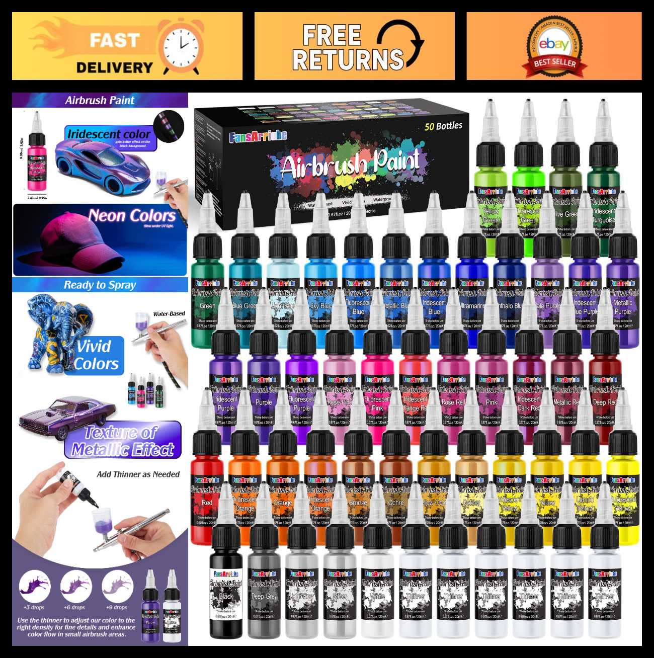 44 Color Acrylic Airbrush Paint Set with Thinners - Ready to Spray Opaque, Neon 44 Color Acrylic Airbrush Paint Set with Thinners - Ready to Spray Opaque, Neon