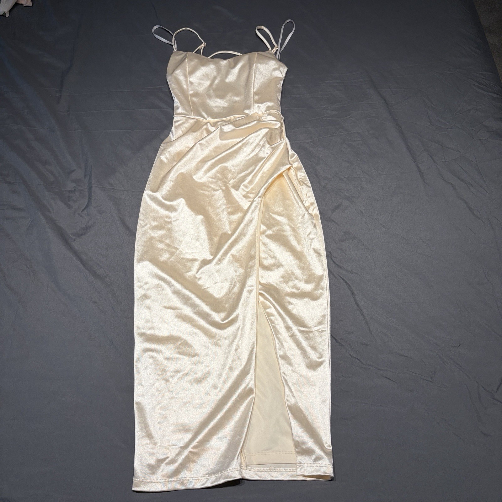 Windsor Strappy Back Midi Dress Ivory Satin Sheen Bodycon XS NWT 05001-2760 Windsor Strappy Back Midi Dress Ivory Satin Sheen Bodycon XS NWT 05001-2760