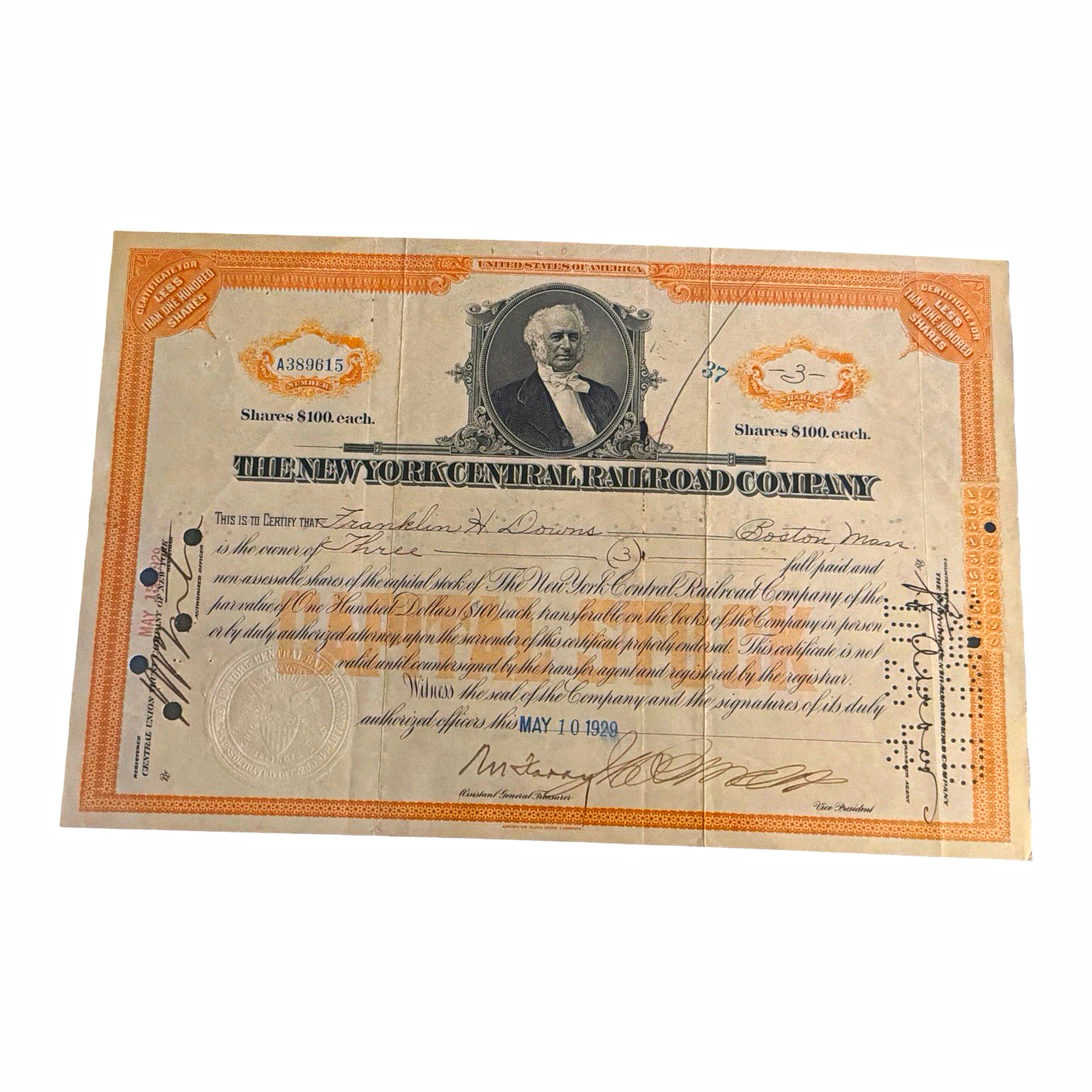 New York Central Railroad Company Stock Certificate, 1929 (May 10) Signed New York Central Railroad Company Stock Certificate, 1929 (May 10) Signed