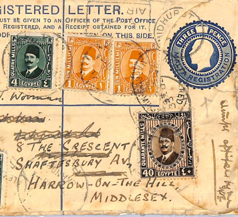 MALTA KGV Stationery *EGYPT MIXED FRANKING* Cover 1933 MIDHURST CDS Harrow WE208 MALTA KGV Stationery *EGYPT MIXED FRANKING* Cover 1933 MIDHURST CDS Harrow WE208