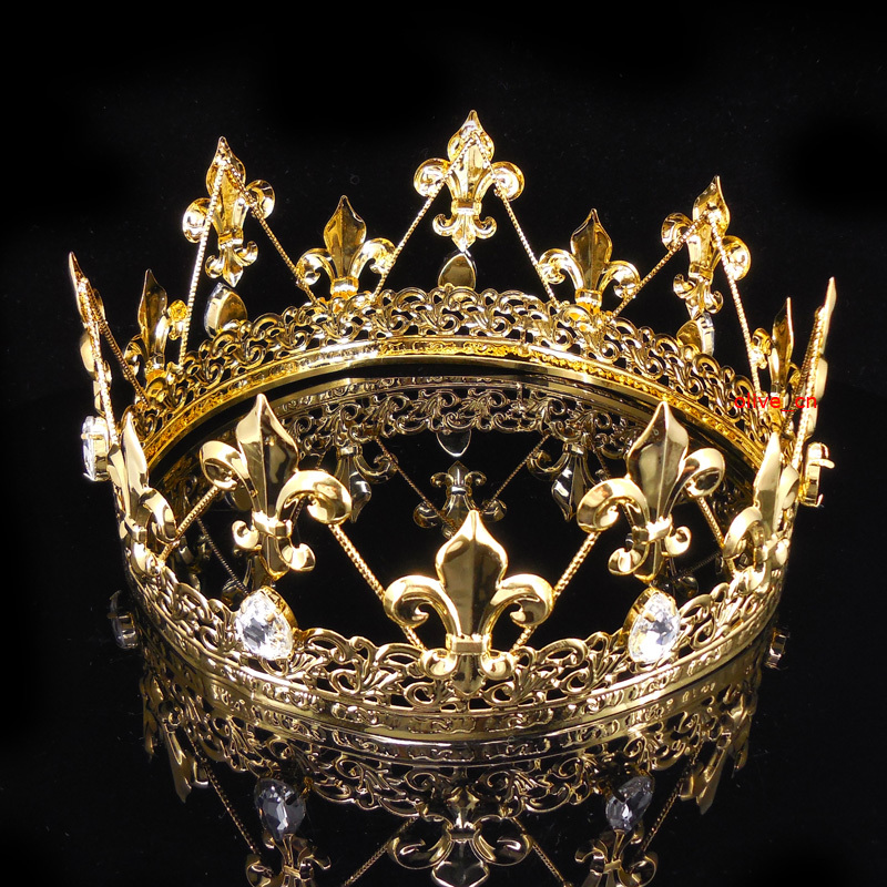 Men\'s Imperial Medieval Fleur De Lis Gold King Metal Crown 8cm Tall 56.5cm Circ