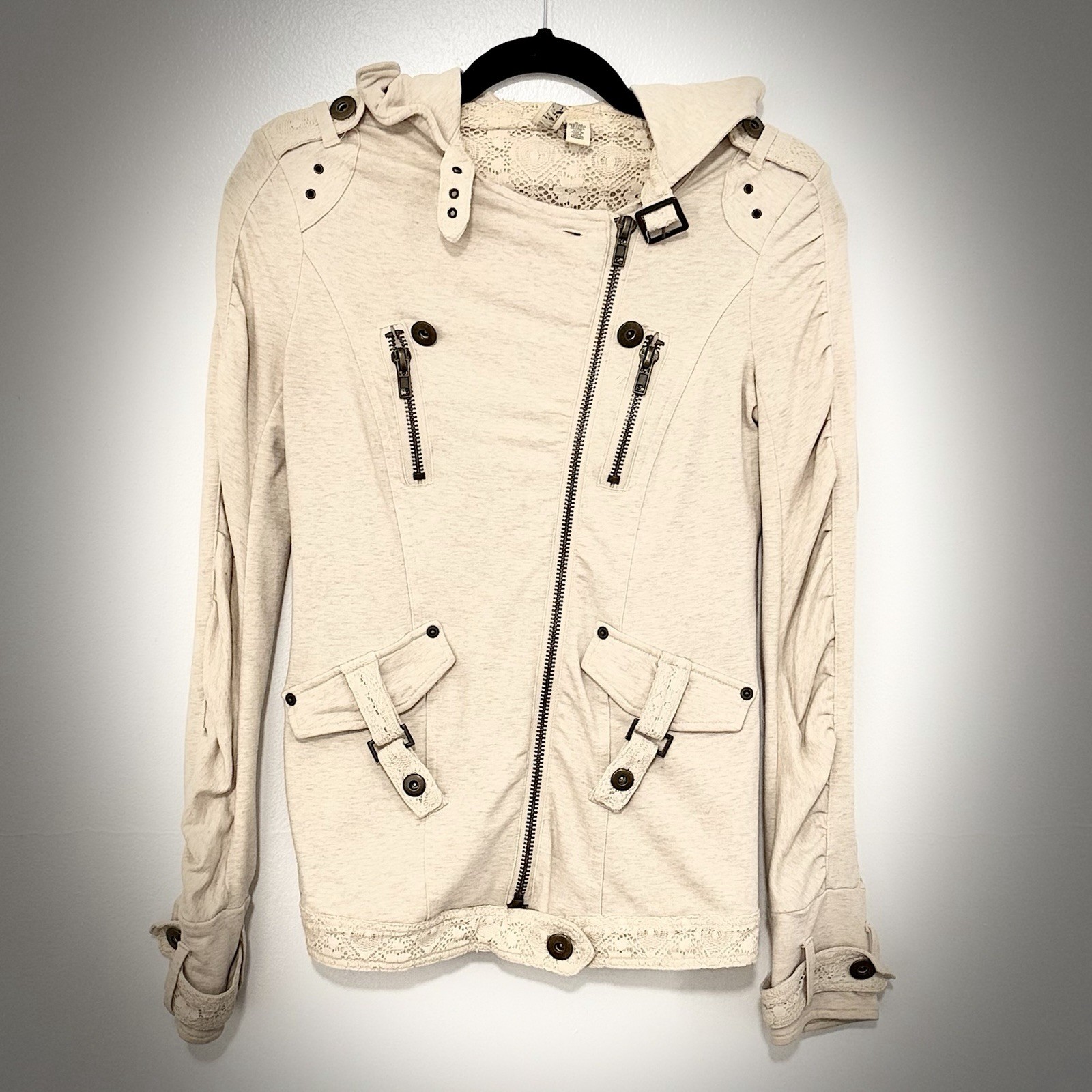BKE Women’s S Beige Hooded Zip Sweatshirt Jacket Solid Lace Button Accents