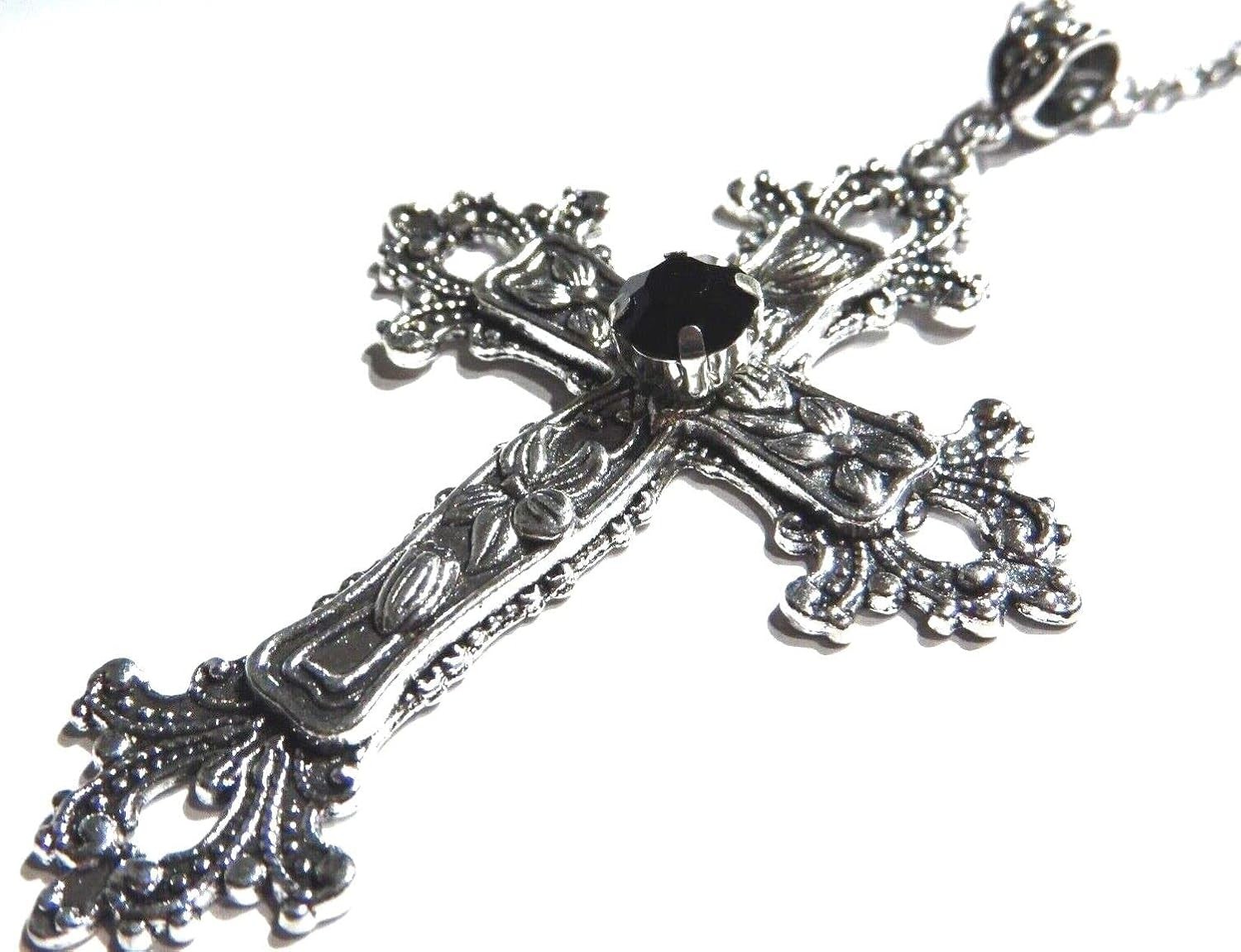Large Gothic Cross Necklace silver-tone pendant with glass Silver & Black 