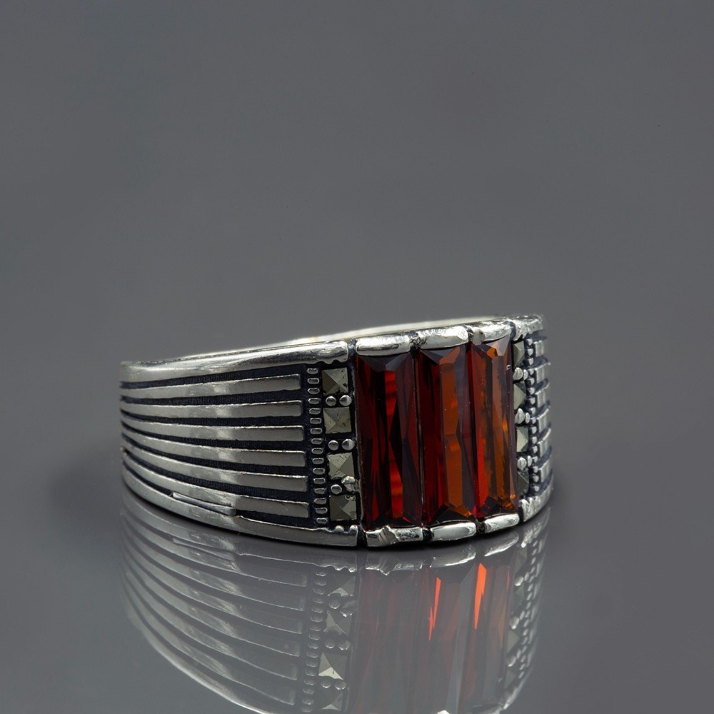 925 Sterling Silver Natural Red Garnet Gemstone Men\'s Ring