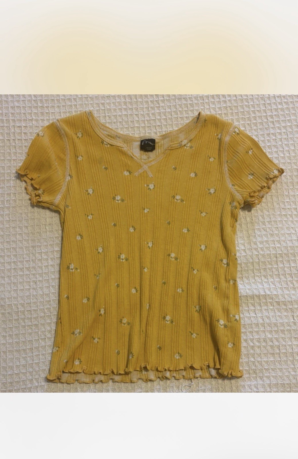 Art Class Girls L 10-12 Mustard Floral Ribbed Lettuce Hem Cottagecore Top