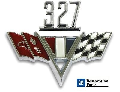 CHEVY 327 V-Flag Fender Emblem Set ** Chevy II, Chevelle, Camaro Inc Nuts