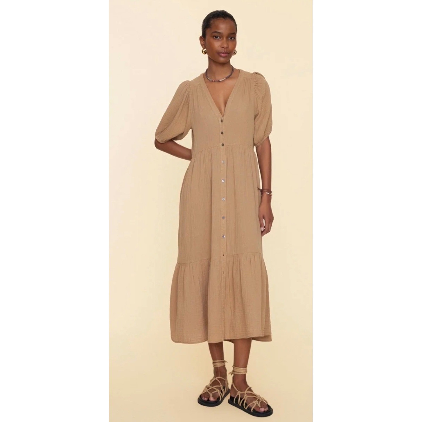 Xirena Brown Tan 100% Cotton Boho Gauze Tiered Maxi Dress Womens Small Excellent Xirena Brown Tan 100% Cotton Boho Gauze Tiered Maxi Dress Womens Small Excellent