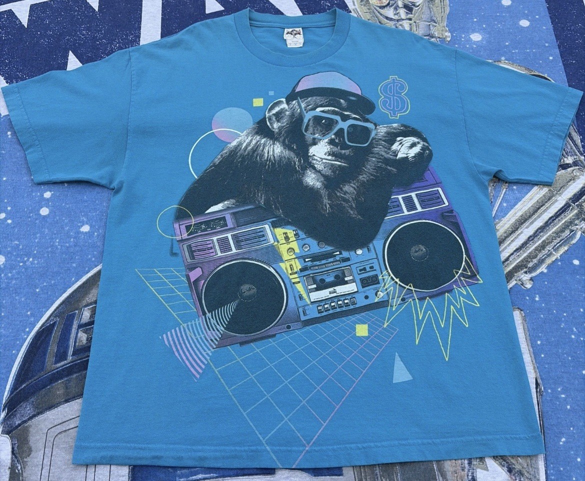 vtg RARE 80s Early 90s Boombox T-Shirt XL Turquoise Monkey $ Hip Hop Allstyle