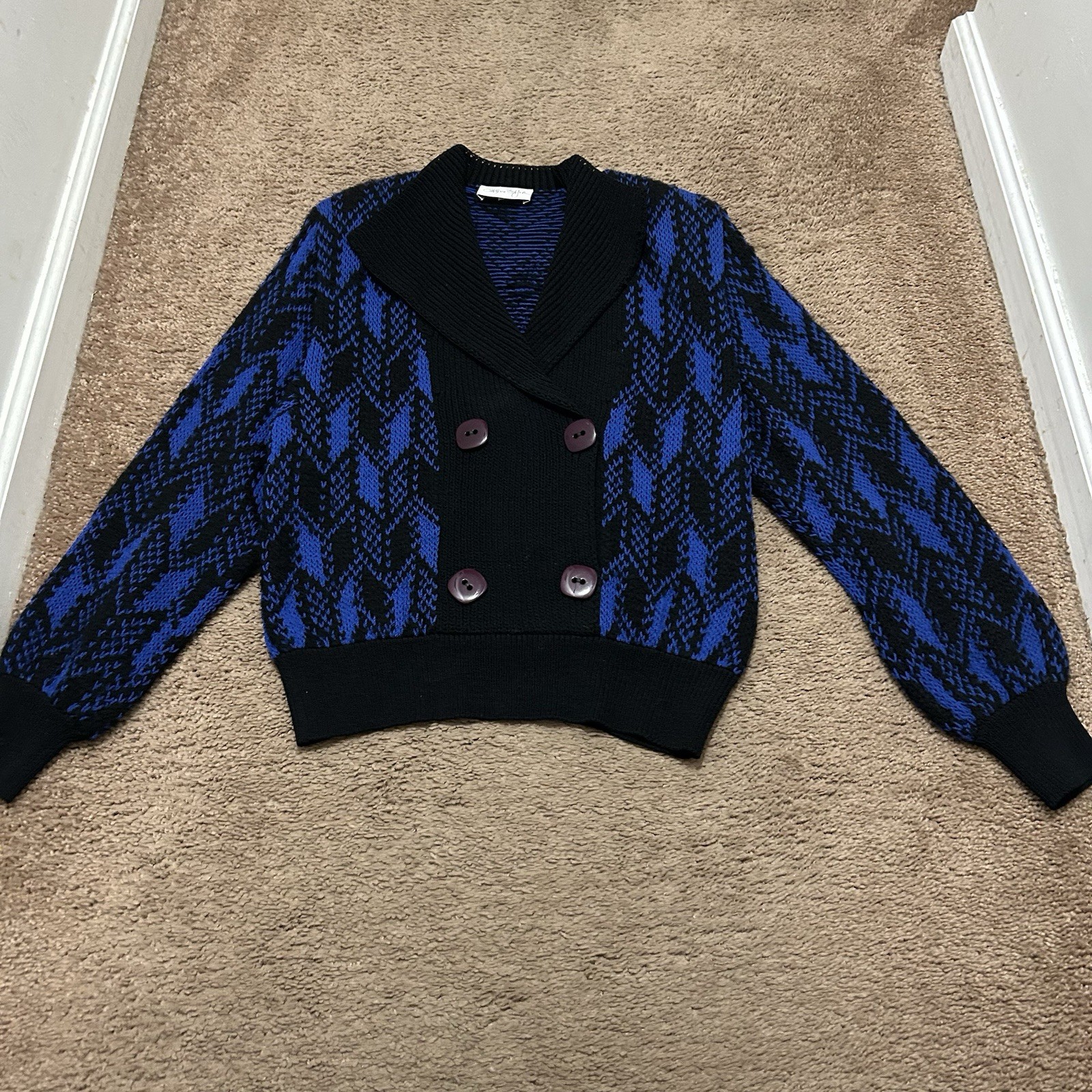 Vintage Marie St John Knit Pullover V Neck Sweater Blue Black Buttons Size P