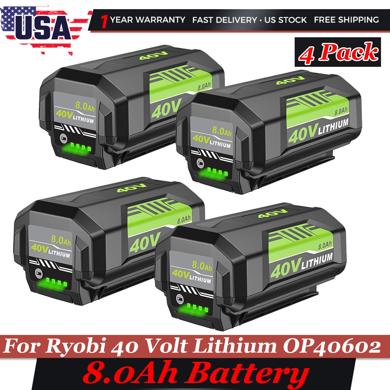 4x 40V 8.0Ah Battery For Ryobi 40V Lithium OP4060 OP4030 OP4050 OP40602 OP40261