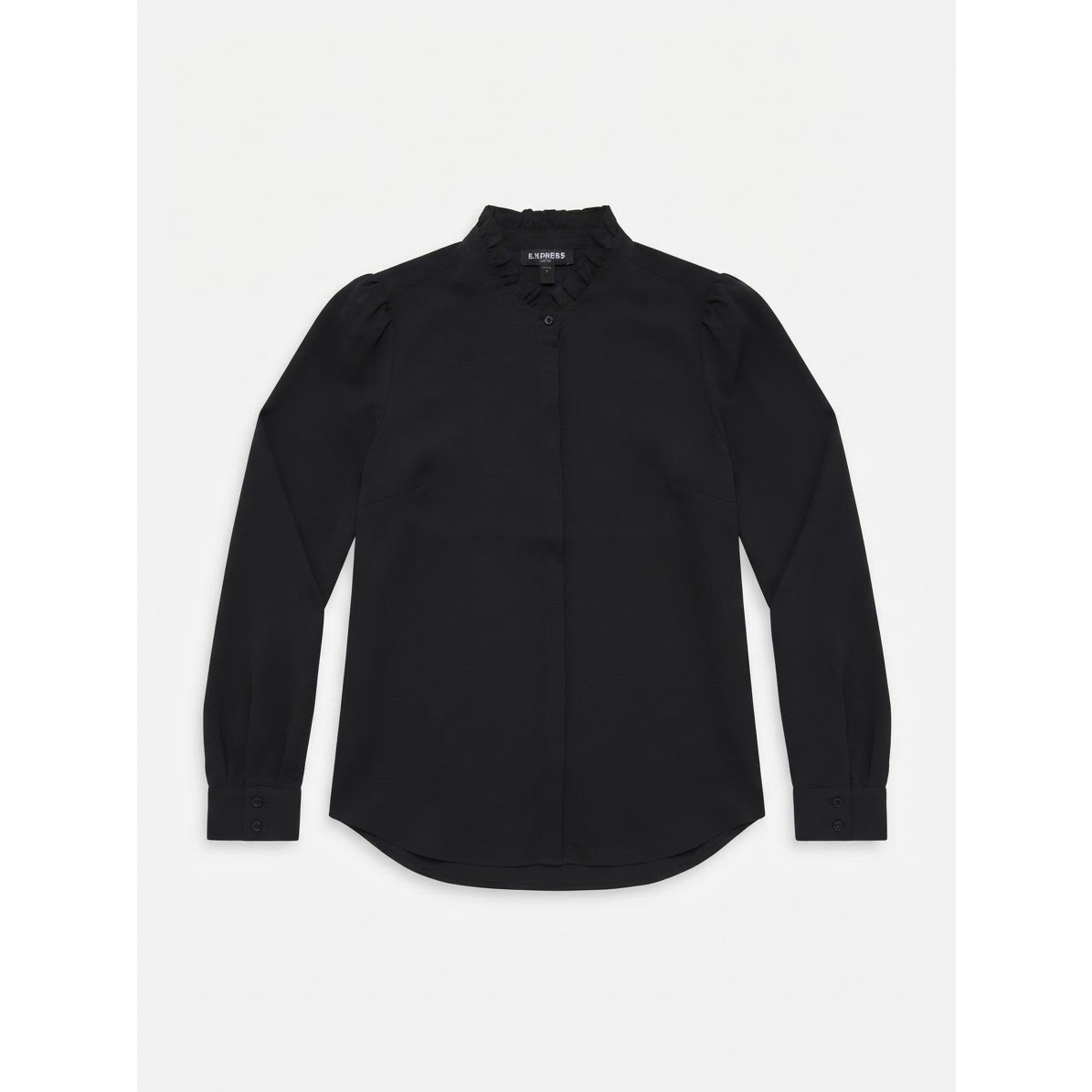 Express Black Ruffle Neck Blouse Womens S Long Sleeve Button Up Career Chic NWT