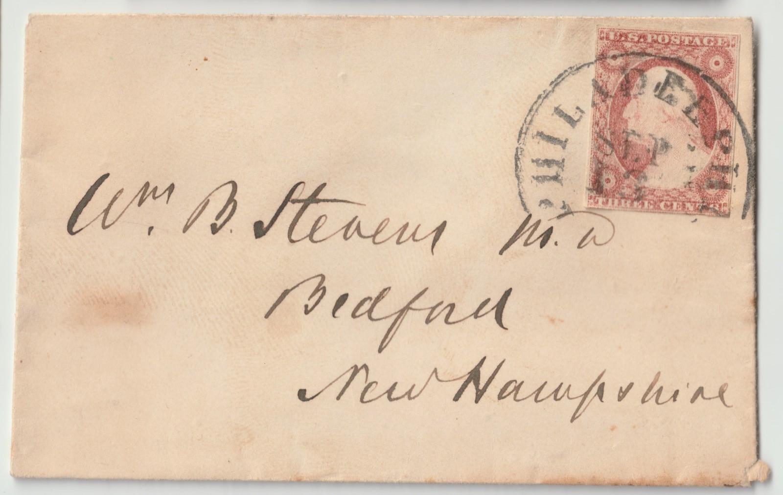 1850s 3c Washington Scott 11A Type II 31L3 Plate 3 Philadelphia Bedford NH Cover