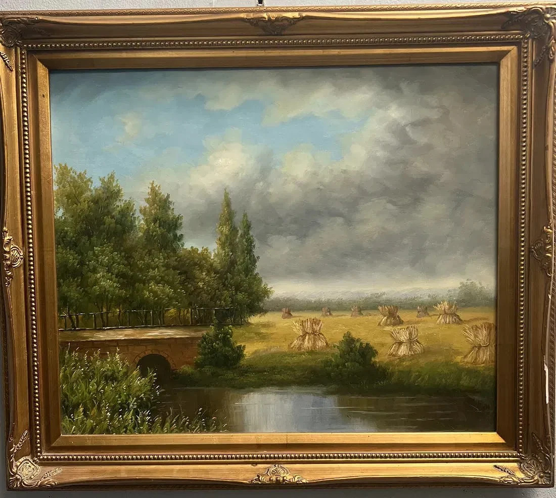 Mid Century European Traditional Pastoral Landscape Oil on Canvas