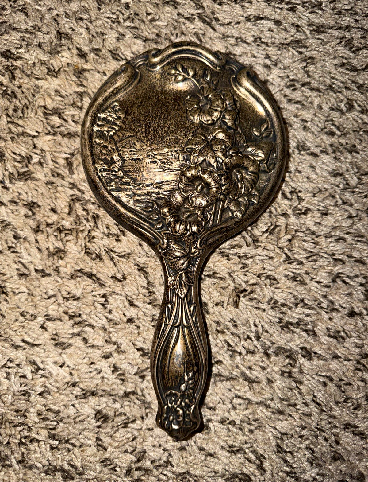 Antique Sterling Silver Hand Mirror Art Nouveau Floral Repousse 10