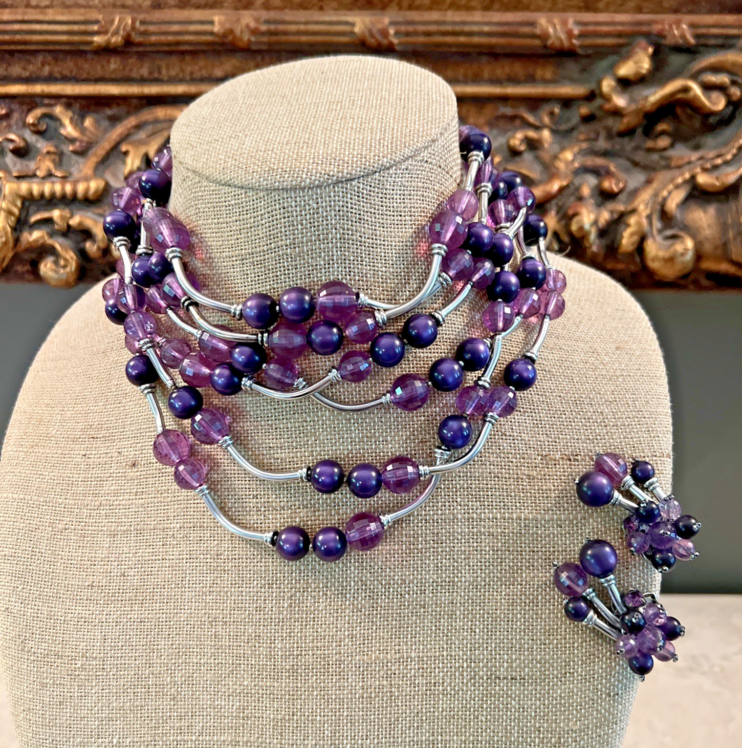 Vintage SIGNED DeMARIO NECKLACE & EARRING SET AMETHYST & SILVER BEAD Vintage SIGNED DeMARIO NECKLACE & EARRING SET AMETHYST & SILVER BEAD
