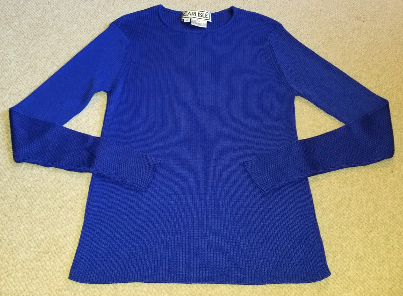 VINTAGE Womens Sweater-CARLISLE-royal blue 100% silk ribknit Old Money Elegant-M