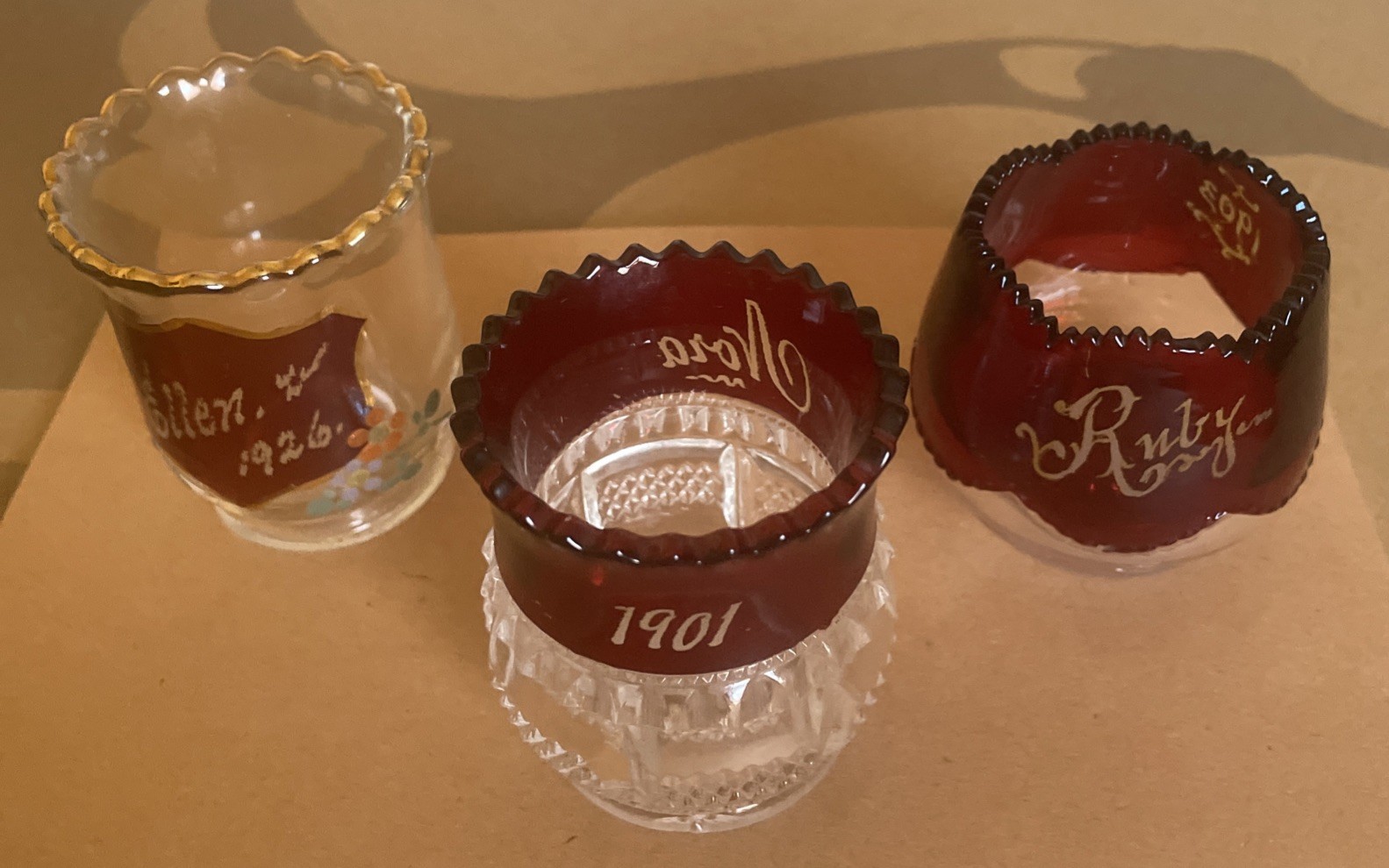 Antique Souvenir advertising Glass 3 Ruby Clear Lot  Antique 1900’s toothpick 