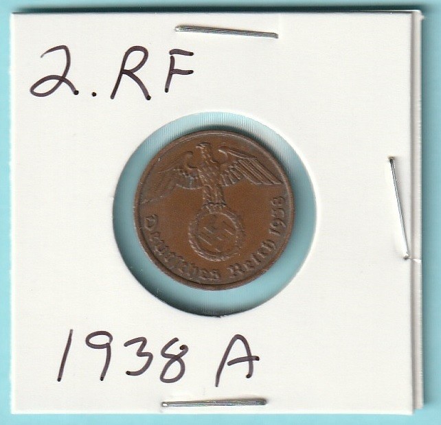 German  Reich Coin -- 2 Reichpfennig  1938 A - Bronze