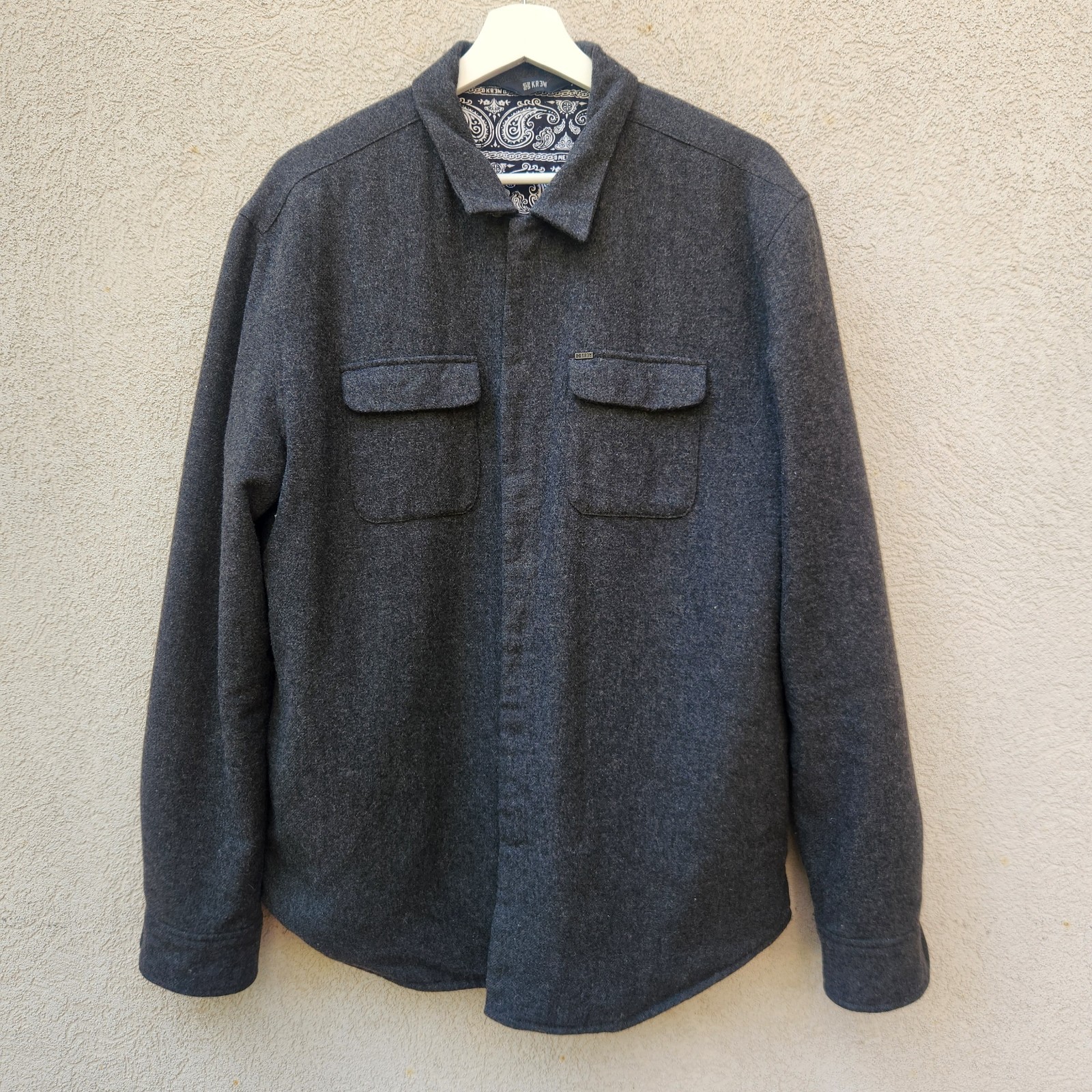 KR3W Men’s Shirt Jacket Large Black Double Elbows Lined Wool Blend Shacket 