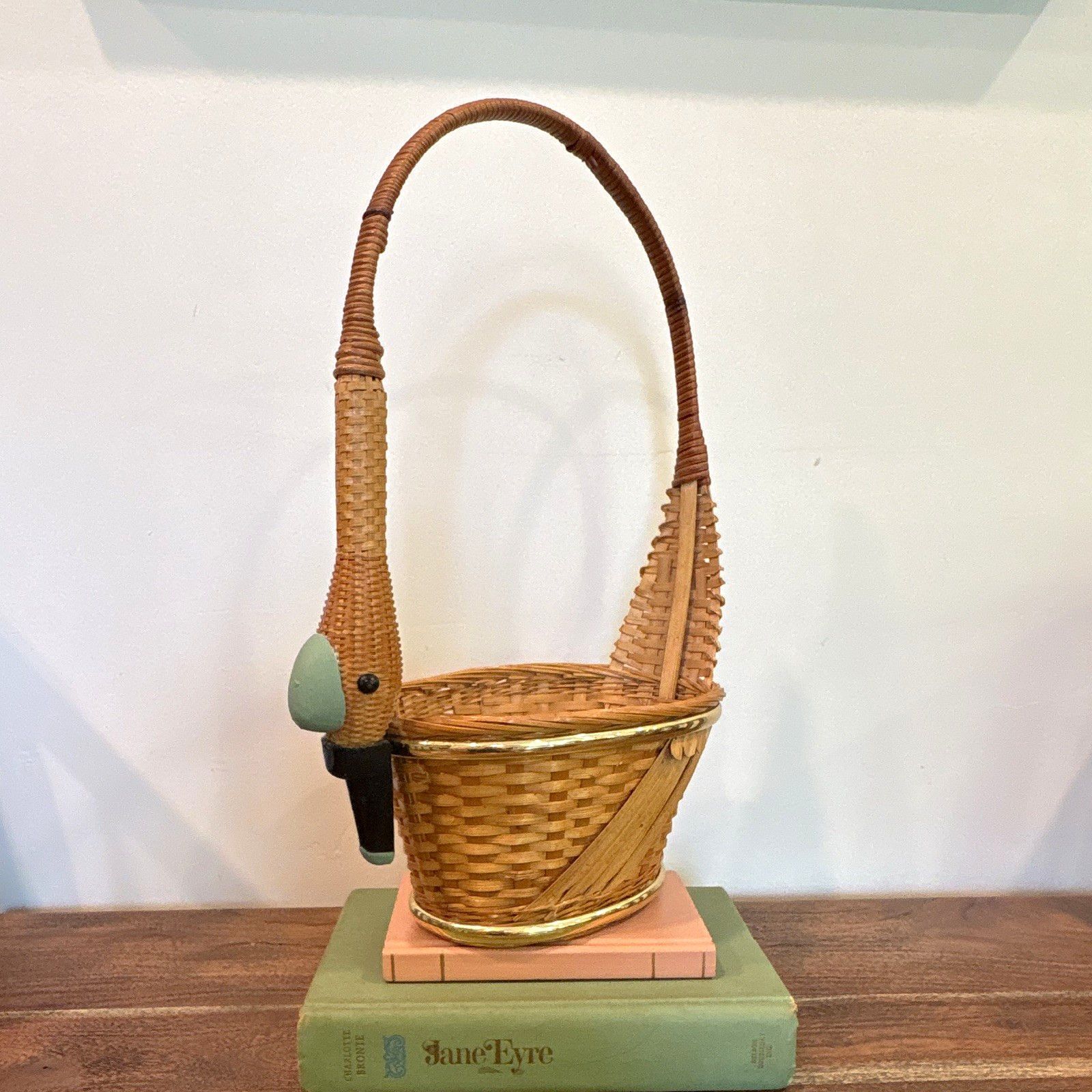 Rare Find-Vintage MCM Woven Wicker Swan / Bird/ Duck Basket with BRASS DETAILS