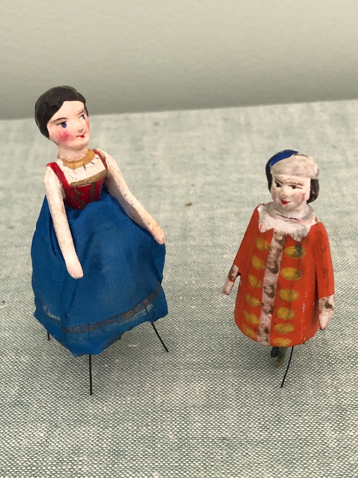 Early Pair of Antique 19th C German Bristle Dolls Erzgebirge Tanzpuppen 1850s