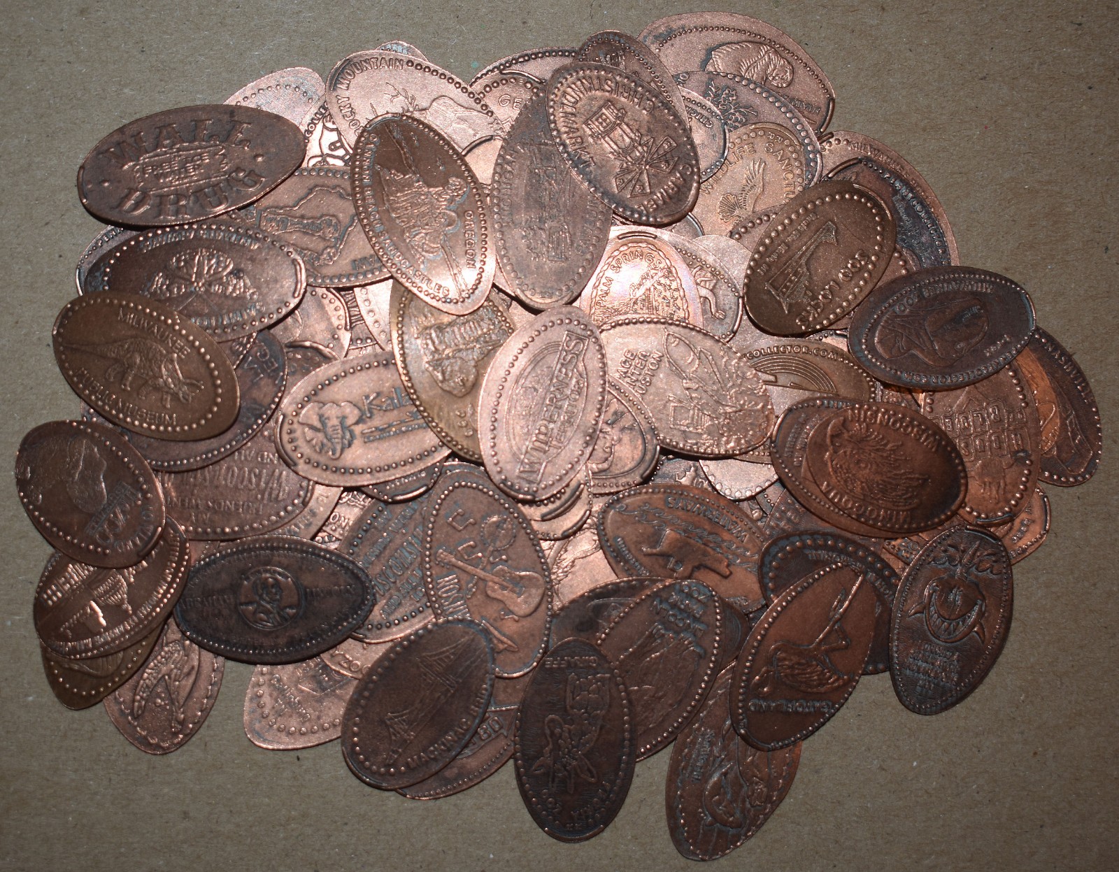 155X. LOT OF 100 ELONGATED PRESSED PENNIES, MIX, LANDMARKS, HISTORY, ZOO & MORE