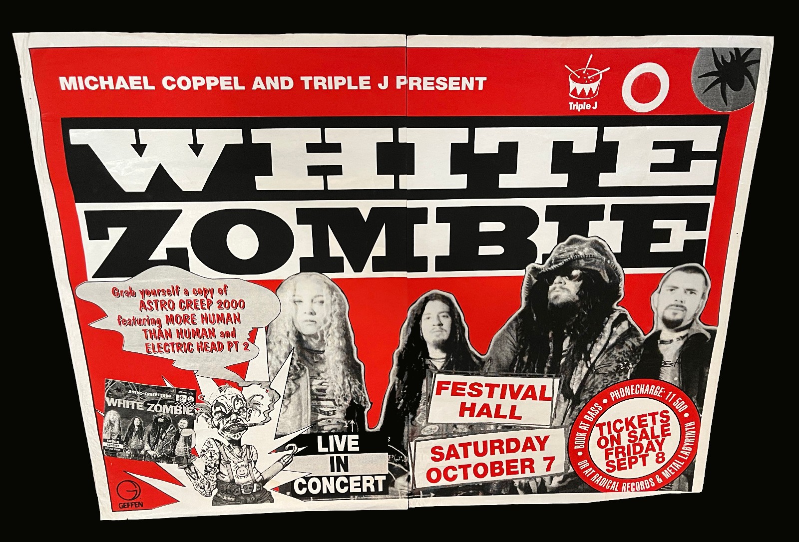 WHITE ZOMIBE MEGA RARE 1995 AUSTRALIAN SHOW HUGE 80x60 EURO SUBWAY POSTER VG