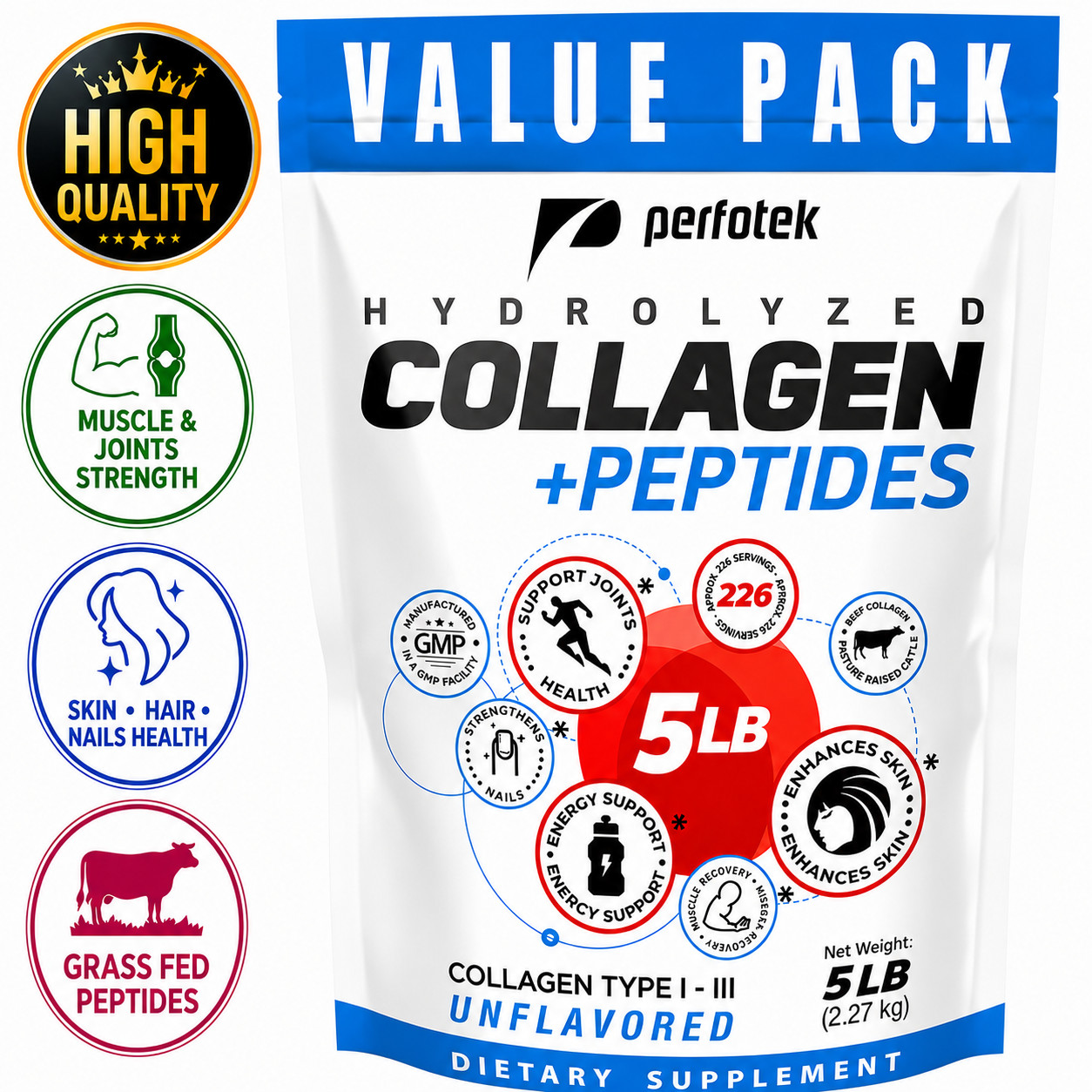 5LB Collagen Peptides Powder Hydrolyzed Types I III Protein Unflavored Easy Mix