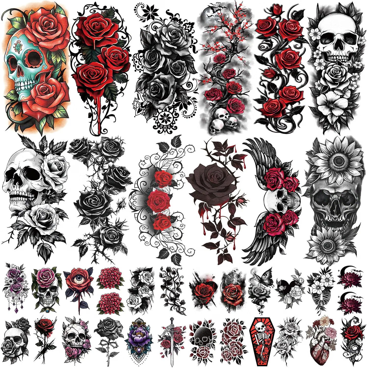 77 Sheets Skull Flower Realistic Temporary Tattoos For Women Men Adult, Large...