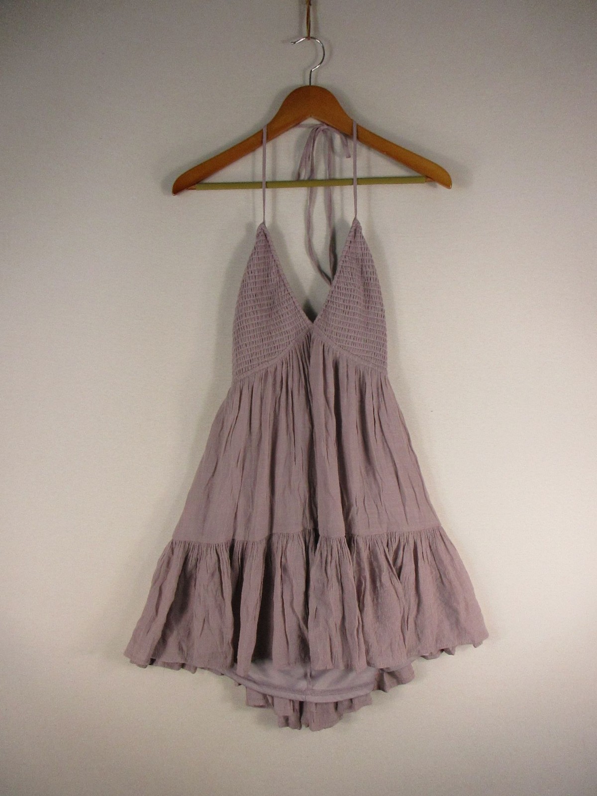 Lovely Day Womens L Halter Smocked Tiered Flowy Short Dress Lavender Mauve Boho