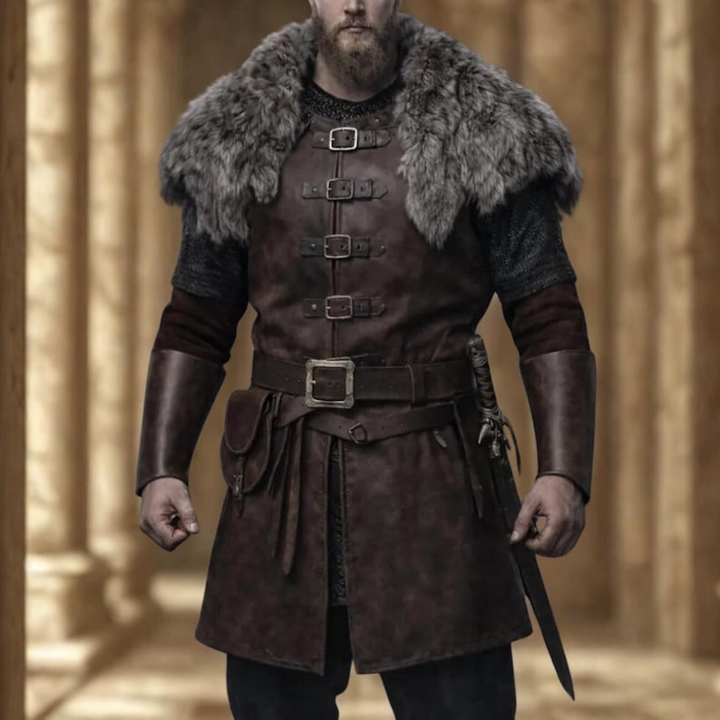 Men’s Viking Warrior Leather Armor Set Fur Collar Medieval Knight Costume Outfit