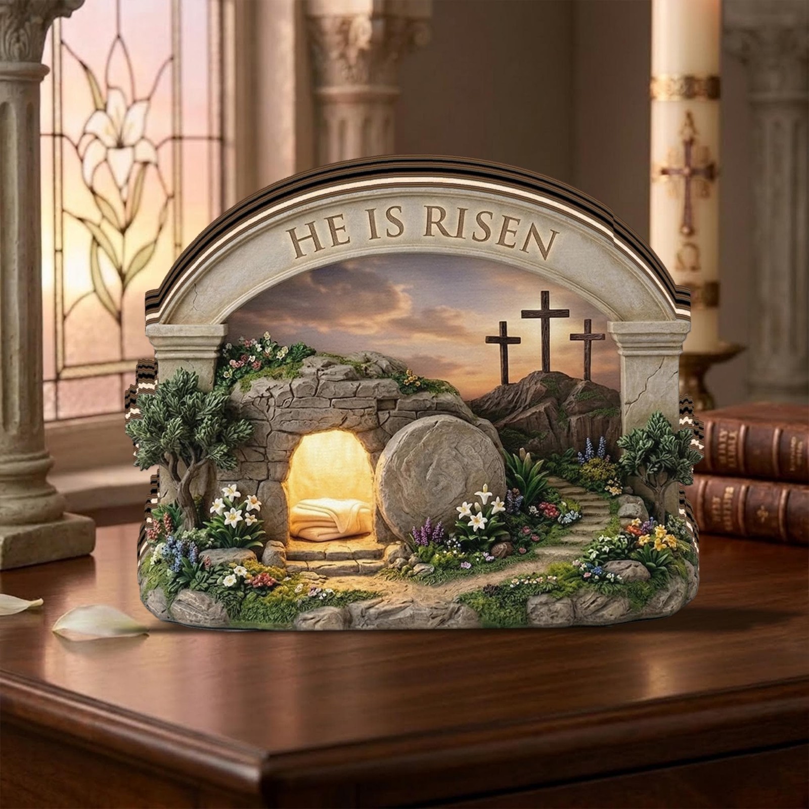 Christian Easter Sign – He Is Risen Resurrection Scene Decor