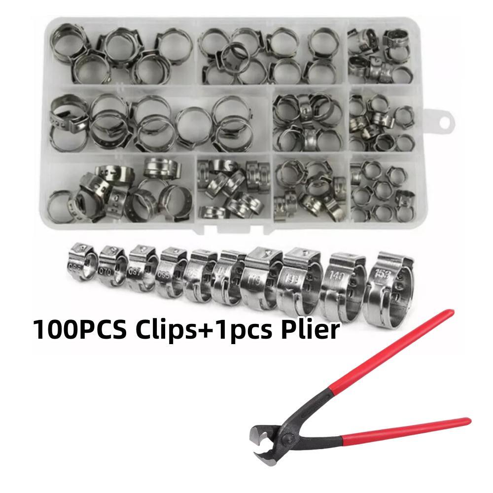 100X Assorted Hose Clamps Stainless Steel Ear Cinch Rings Crimp Pinch Kit Plier